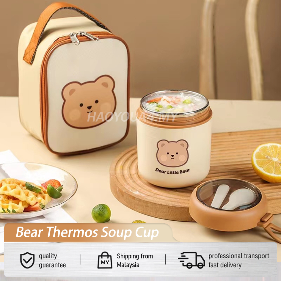 530ML Thermos Flask Soup Container Porridge Warmer Food Container 304 Stainless Steel Lunch Box with Spoon Bag 汤杯 小熊杯