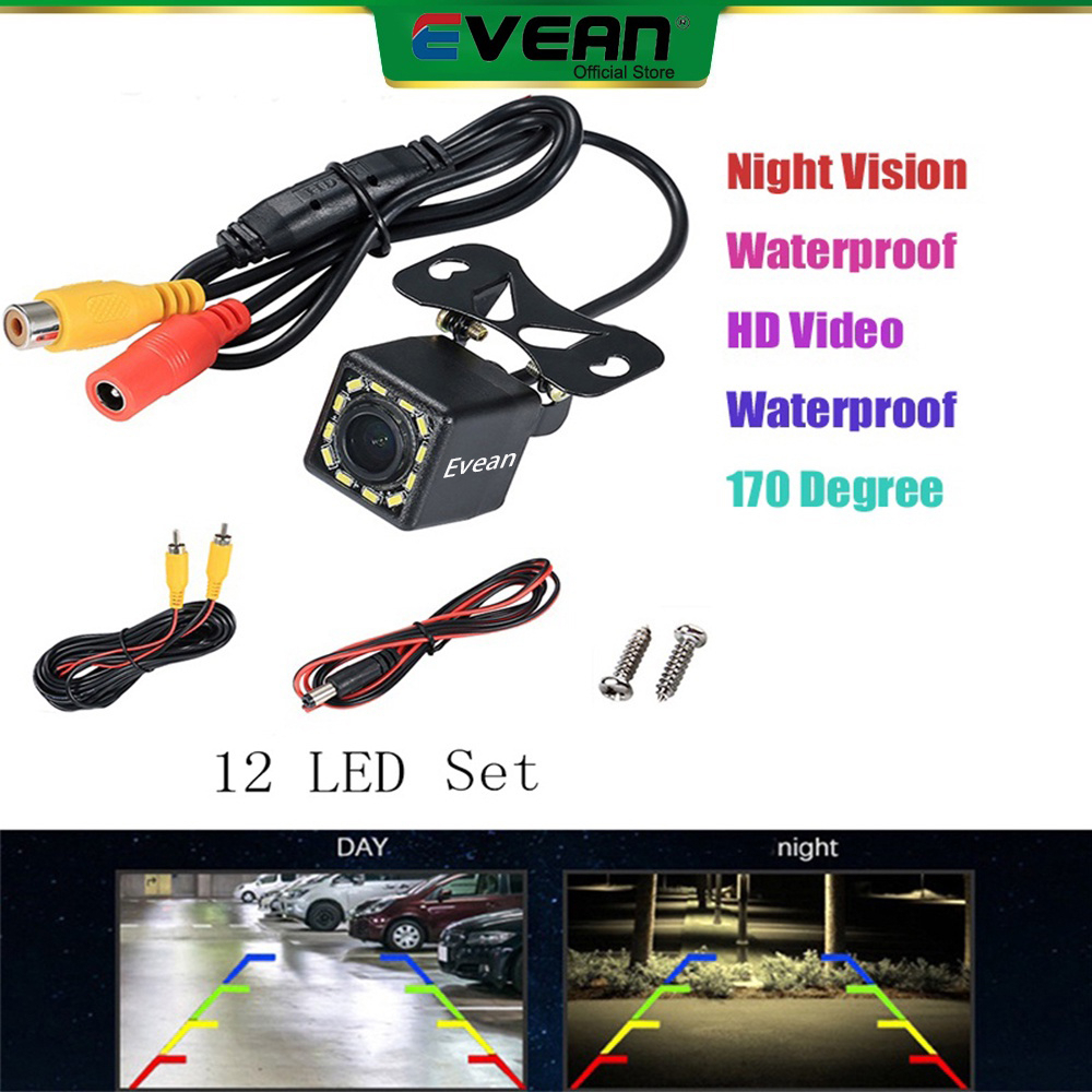 Evean Vehicle Car Rear View Camera Universal 12LED Night Vision Backup Parking Assistance Reverse Waterproof Wide Angle HD Color Image