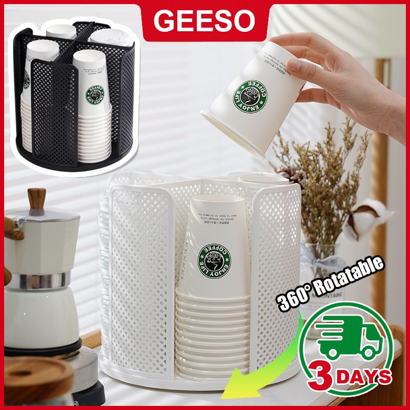 GEESO Multifunctional Cup Dispenser 360° Rotatable 4 Compartment Cups & Lids Holder Detachable Desktop Coffee Cup Dispenser 旋转纸杯架 多功能桌面置物架