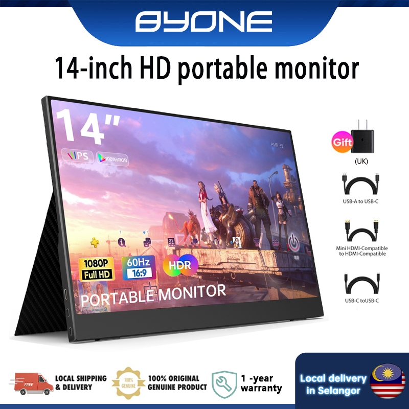 BYONE 14 Inch Portable Monitor1920*1080p LED Screen IPS HD monitor/Gaming Monitor for Switch XBOX PS4 Phone Laptop
