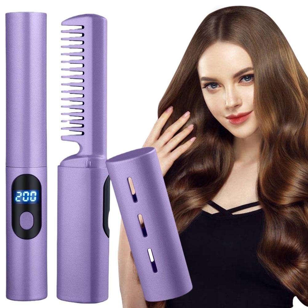 2IN1 Wireless Professional Hair Straightener Curler USB Straight Hair Comb Fast Heating Negative Ion Straightening Curling Brush Styling