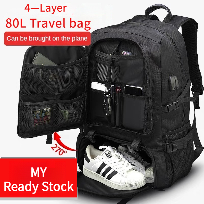 MY Ready Stock 50-80L Backpack Travel men waterproof Sports Bagpack with shoe compartment 15.6/17/18 inch laptop bag pack 旅行包 背包 beg galas lelaki