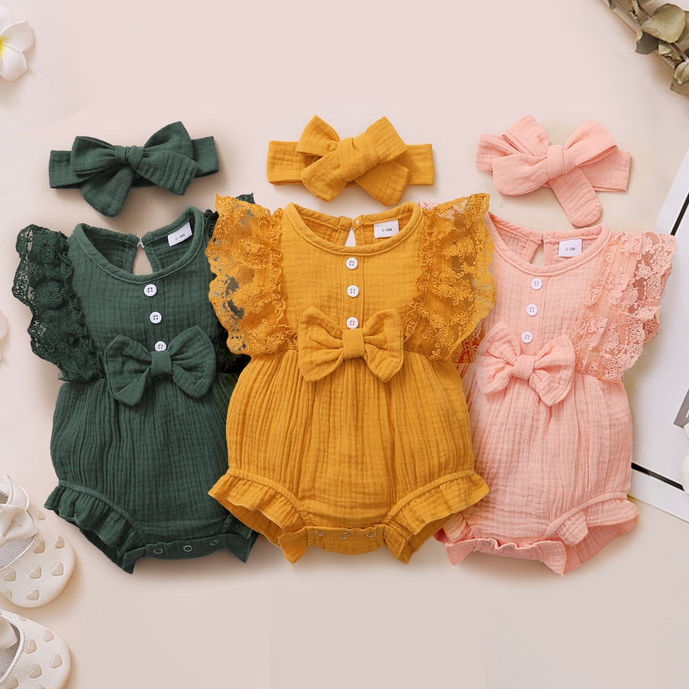 0-18Months Baby raya Newborn Baby Clothing Baby Girl Romper Lace Solid Color Sleevesless Costume Infant Baby Girl Bodysuit Summer Fashion Jumpsuit Outfit