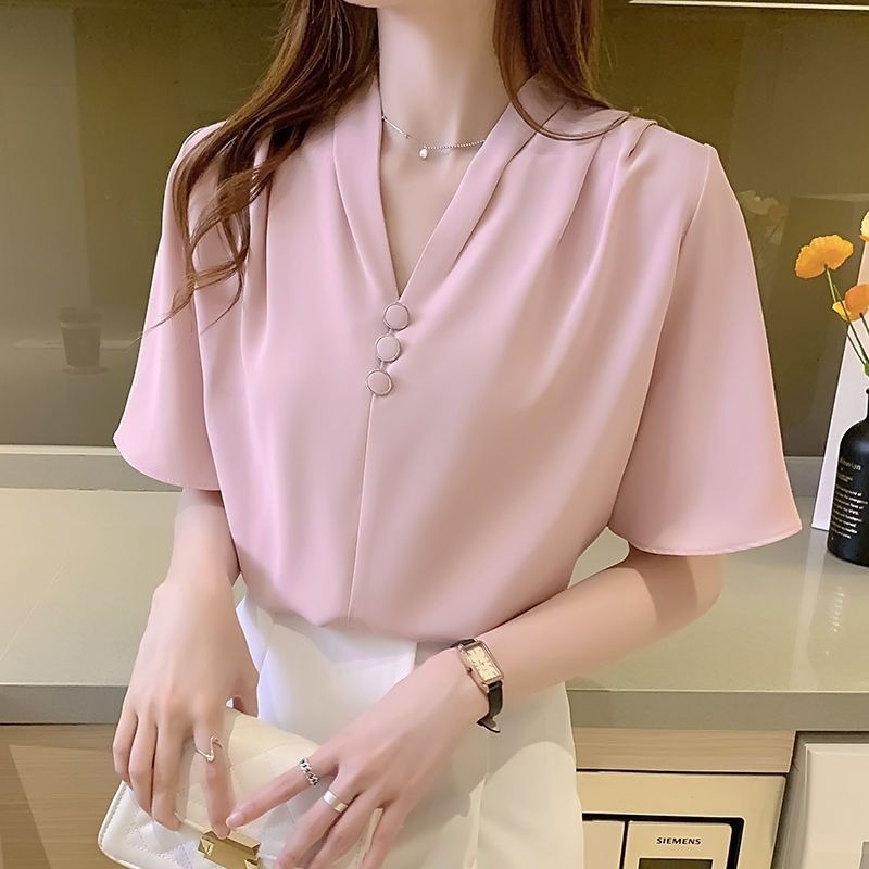 Exposed v-neck short sleeve Button clavicle chiffon blouse casual summer plain