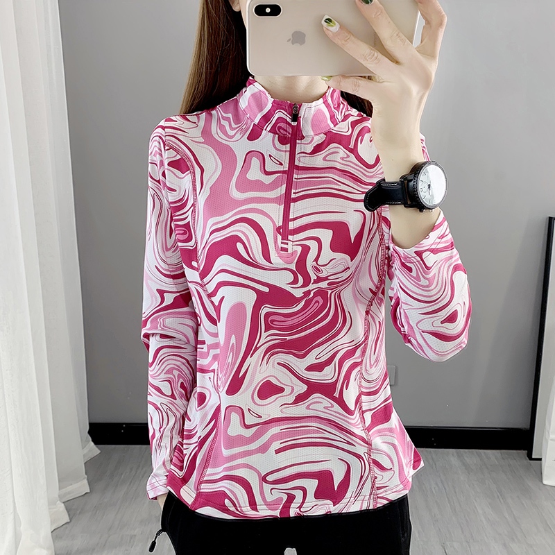 Fashion Printed Sports t-Shirt Women Stand-Up Collar Long-Sleeved Quick-Drying Clothes Lightweight Breathable Stretchy Quick-Drying Sweat-Absorb