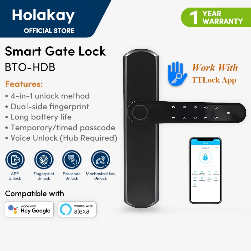 2024 New Launch Smart BLE Digital Gate Lock | HDB Metal Gate Digital Lock | Fingerprint Passcode BLE Smartphone App Mechanical Key | Work With Google Assistant and Amazon Alexa