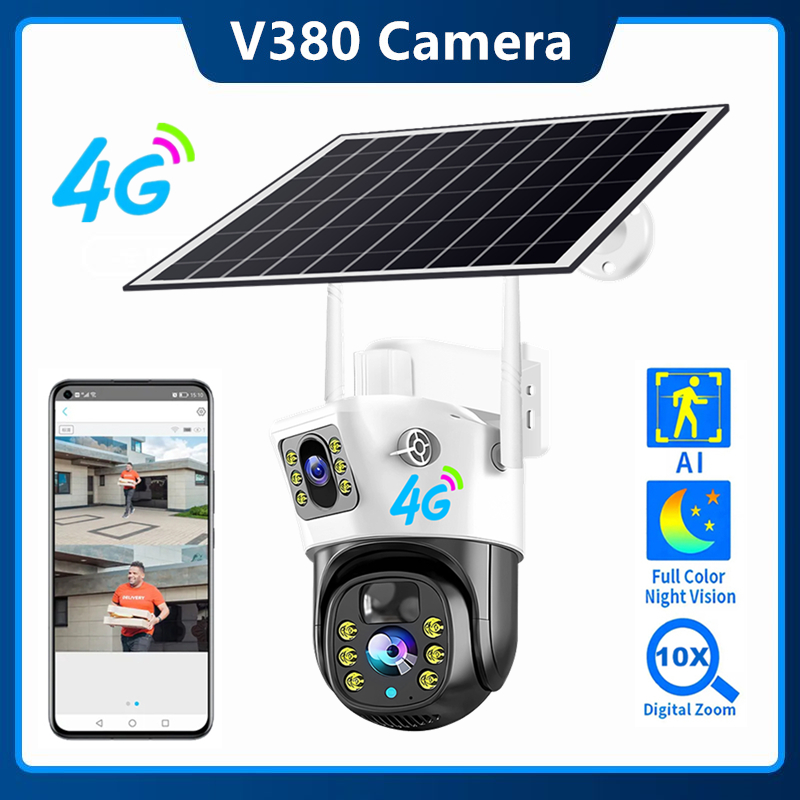 V380 4G Chip Solar Camera 4K Dual Lens Screen 4G Sim Card AI Motion Detection CCTV Surveillance Outdoor Security Cameras 8MP Biult-in Battery Monitor