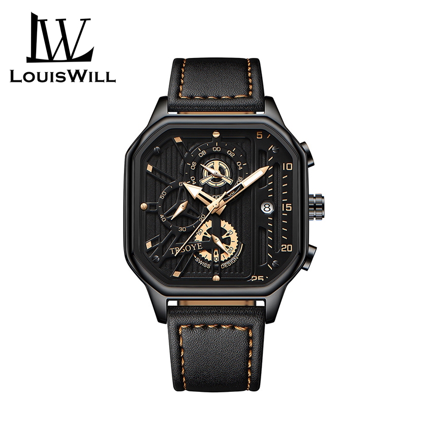 LouisWill Men’s Watches Casuals Fashion Watch Quartz Watches Business Wristwatches 3ATM Waterproof Watches Leather Strap Luminous Pointers Wrist Watches with 3 Adjustable Dial