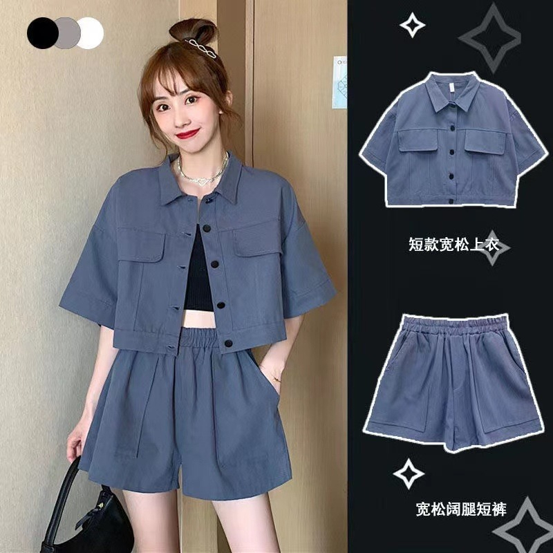 女工装上衣休闲套装显瘦阔腿裤两件套korean style women Workwear Suit Women version of the foreign gas summer sweatshirt + leg pants