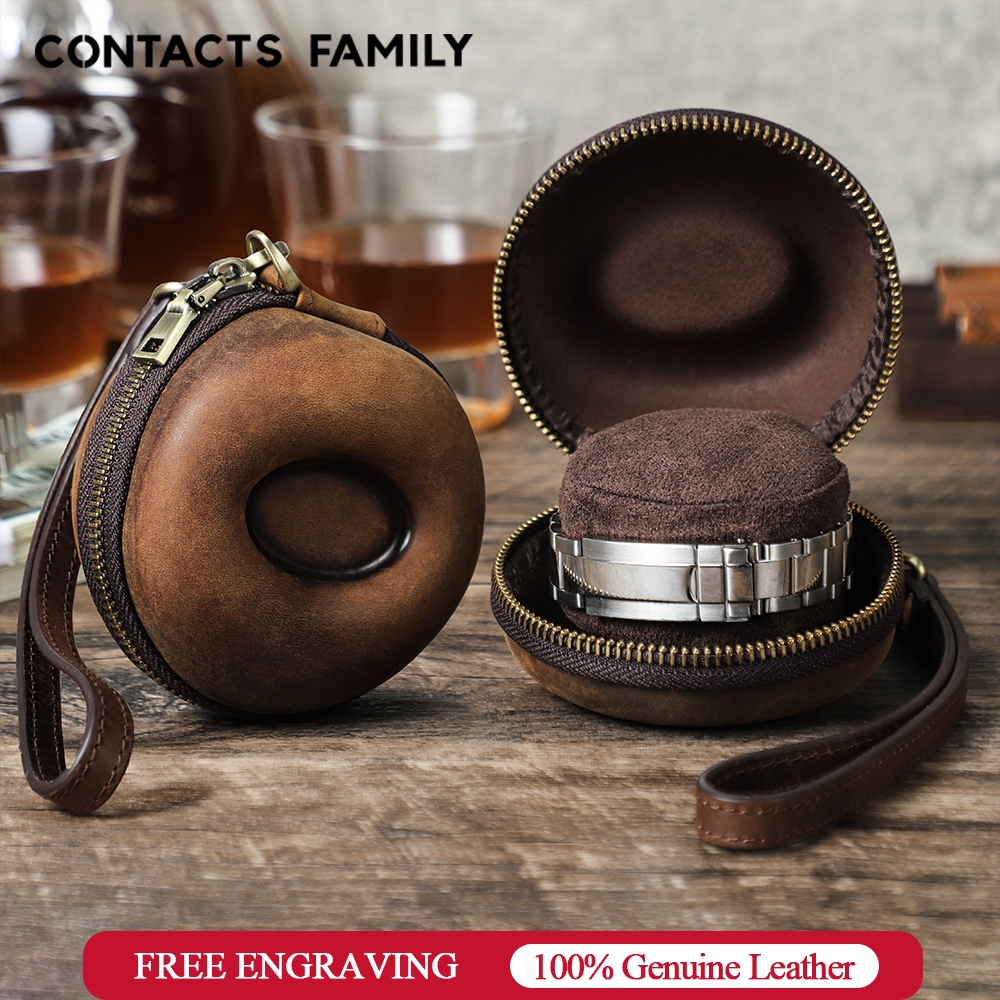 CONTACTS FAMILY Genuine Leather Single Watch Case Portable Watch Organizer Travel Storage Small Box High Quality Vintage Cowhide