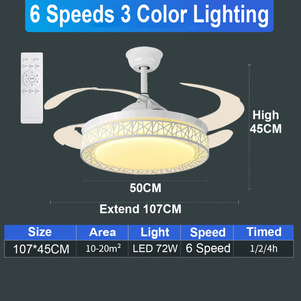 GEJIESE Nordic Ceiling Fan With Light 42-inch Strong Winds Ceiling Fan Invisible Fan Blade Fan With Light Remote Control Tricolor Lights DC Motor Kipas Siling Lampu 风扇灯