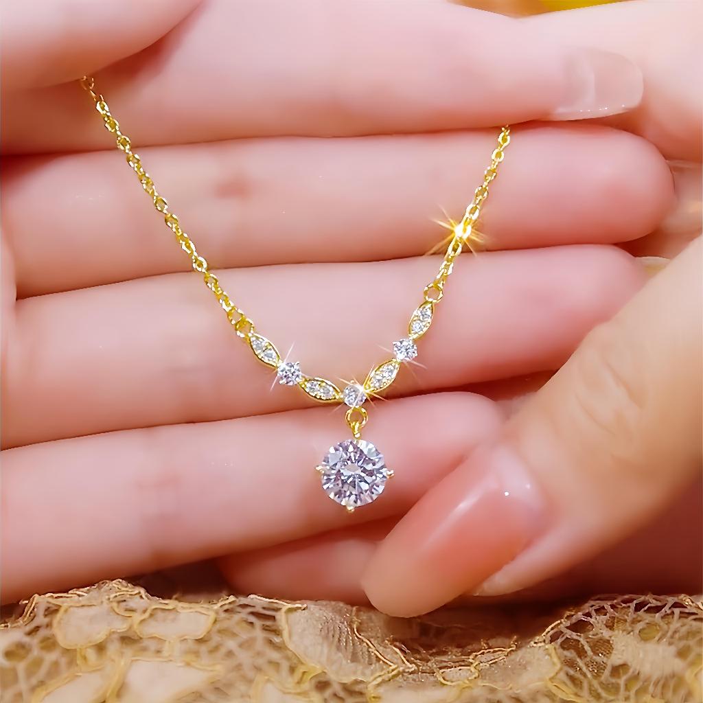 Diamond Titanium Steel Necklace Electroplating k Gold Sparkling Sweet Elegant Classy All-Match Jewelry
