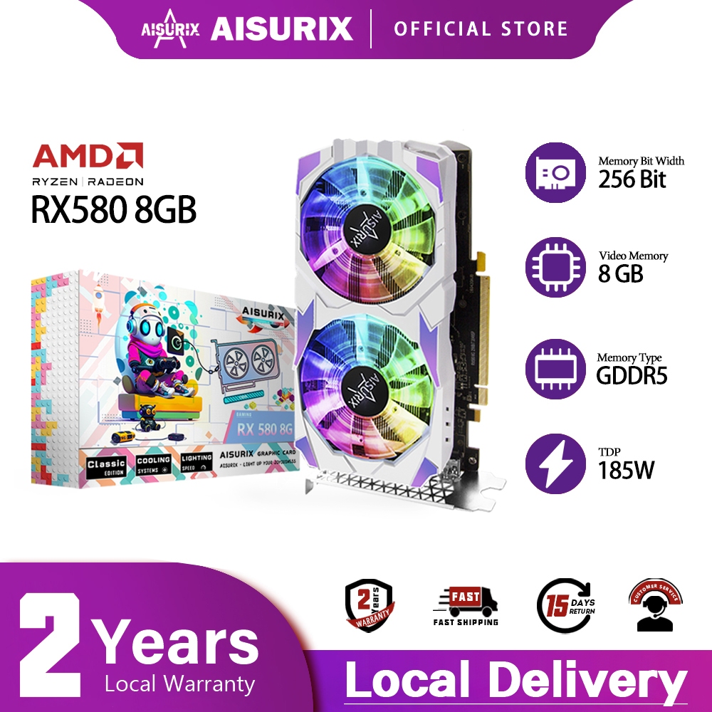 AISURIX RGB RX580 8G Graphics Card Colorful Lighting Video Card GDDR5 256Bit Computer GPU For Gaming Black Myth Wukong