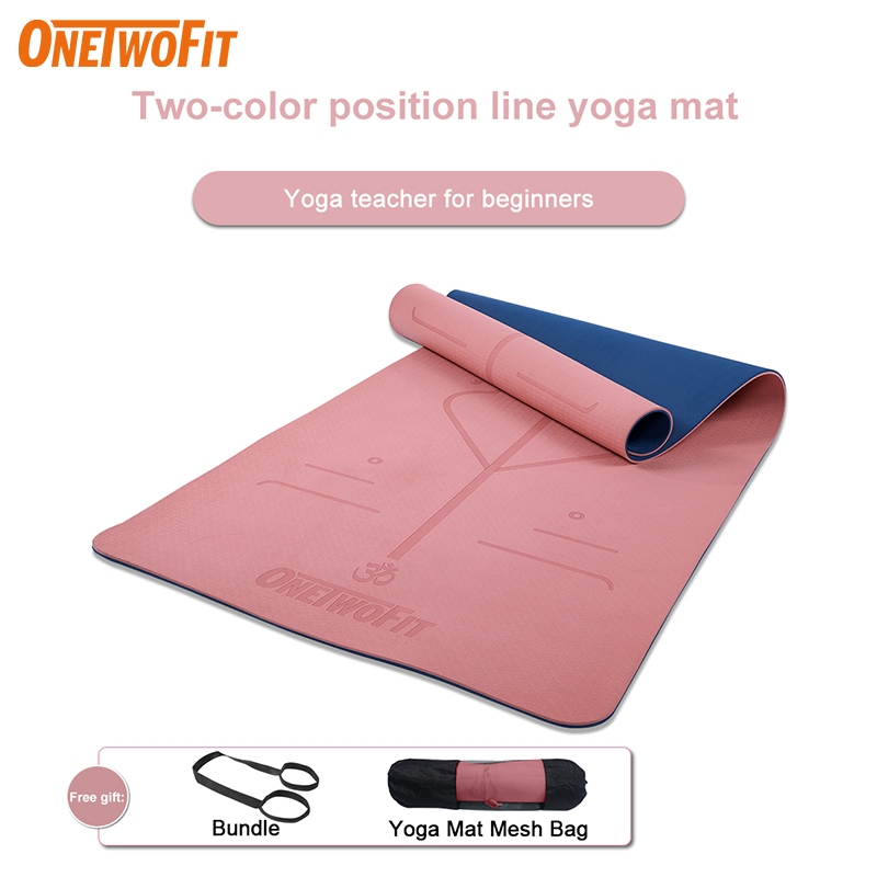 OneTwoFit TPE Yoga Mat Anti-Slip Dual Layer with Alignment Guide Exercise (6mm)