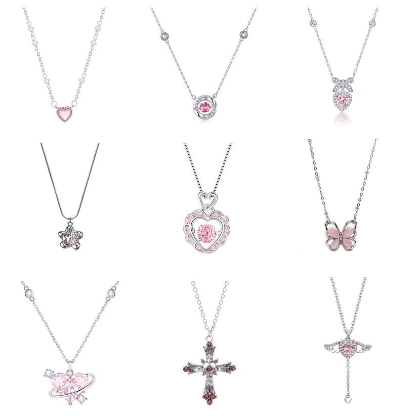 JOJO COCO Luxury Pink Flower Love Pendant Zircon Necklace Women's Silver Necklace