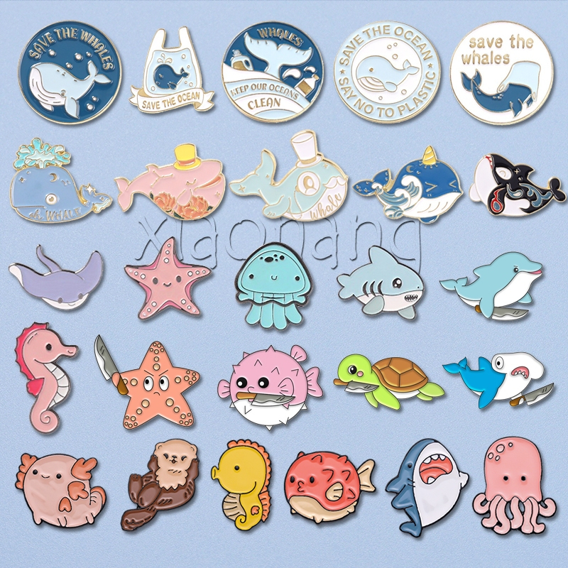 Cute Marine Life Enaml Pins Sea Hippocampus Starfish Shark Brooch Lapel Pin Badges Jewelry for Friends