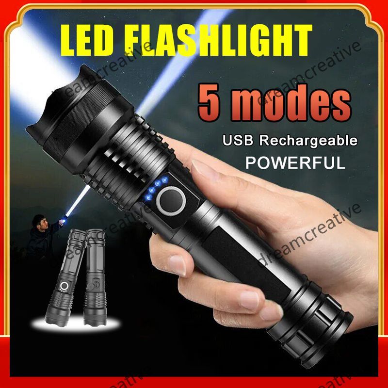 Lampu Suluh LED Flashlight Zoomable USB Rechargeable Super Bright (With 1865 battery) Cree XHP50 Tactical Torch Light Zoom led torch light torchlight 手电筒 手電筒