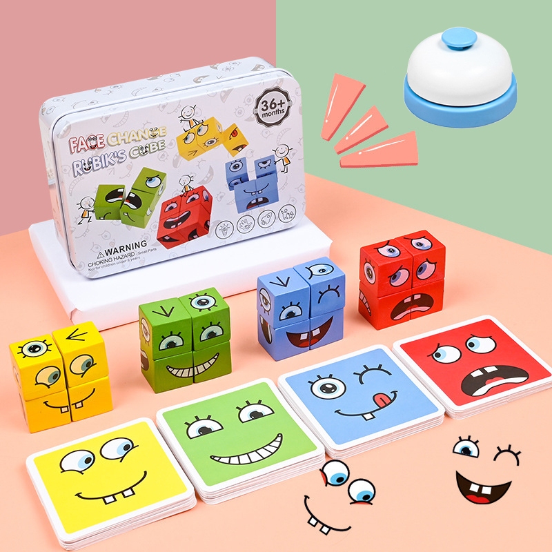 New 80pcs Cube Face Changing Building Blocks Board Game Expression Wooden Puzzle Blocks Educational Toys For Kids Gift