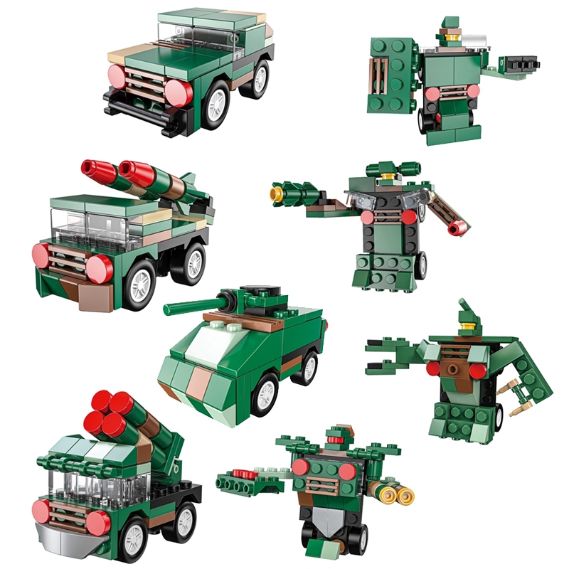 HYG Toys 4 types of deformed Autobot urban military building blocks Pull back missile vehicle transport vehicle Humvee transforming robot building blocks