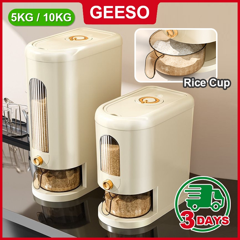 GEESO Super Capacity 5KG/10KG Rice Dispenser Rice Bucket Insect Moisture Proof Food Storage Container Free Rice Cup 米桶 防虫防潮 谷物收纳桶