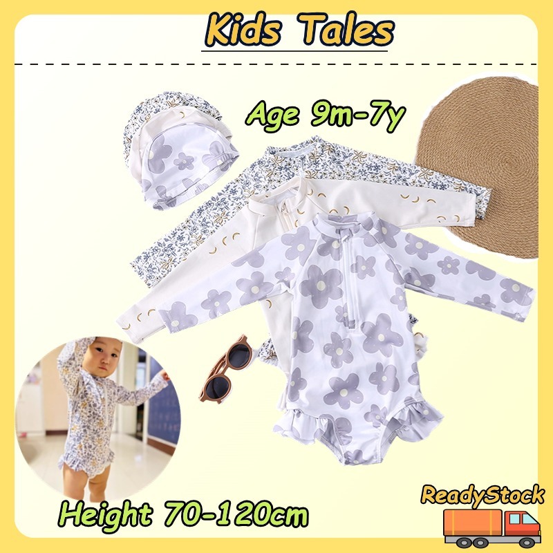 Kids Tales 9m -7 Years Infant Swimwear Girl Swimwear Long sleeved Swimsuit+cap Perempuan Floral Sunscreen Quick Drying Toddler Hot Spring Swimwear Summer New Conservative