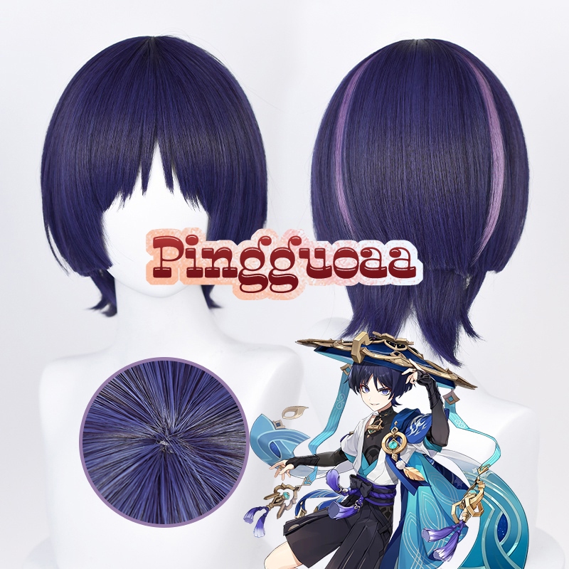 Genshin Impact Scaramouche Cosplay Wig 35cm Blue Purple Black Heat Resistant Synthetic Wigs