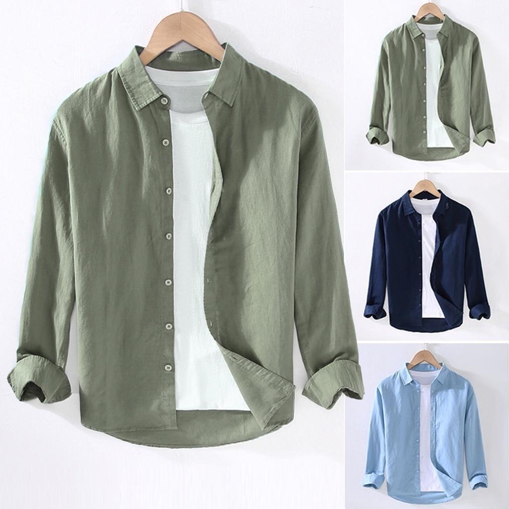 【Local Delivery】Long sleeve shirt in linen cotton men kemeja lelaki new basic work mature casual lapel white summer shirt men