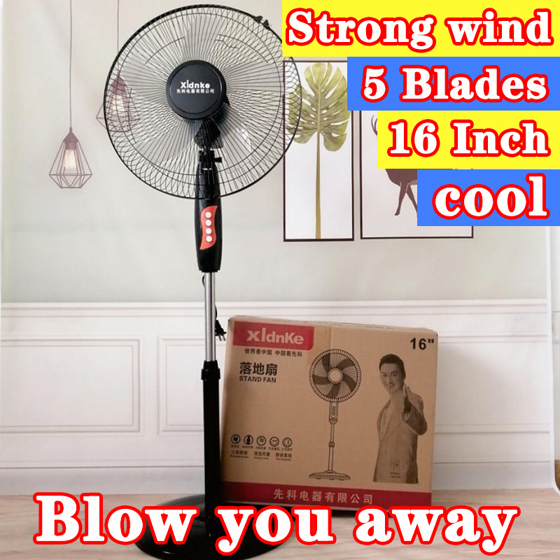 Stand fans 5 blades 16 inchs strong wind electric fan, large air volume, mechanical vertical floor fan, light tone, energy-saving, and soft wind fan rechargeable fan standing fan s