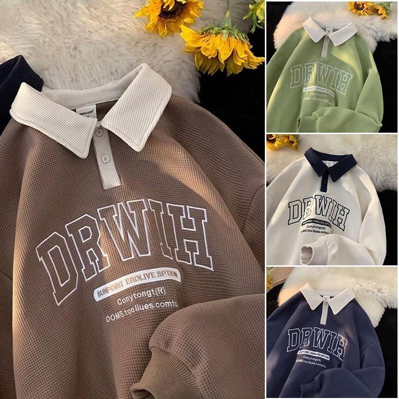 【Local Delivery】Korean Style Oversized Sweatshirt Waffle Design Men Baju POLO lelaki Letter Lapel Loose Polo Shirt Preppy Style Fashion Casual Shirt Ready Stock