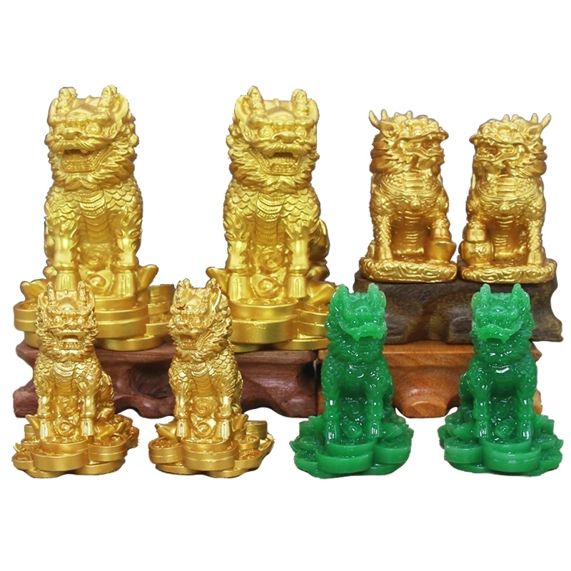 Resin Golden Lucky Money kylin Mythical Beast Figurines Feng Shui Sculpture Statue Model Good Fortune Wealth Home Decor Decoration Desk Car Ornaments