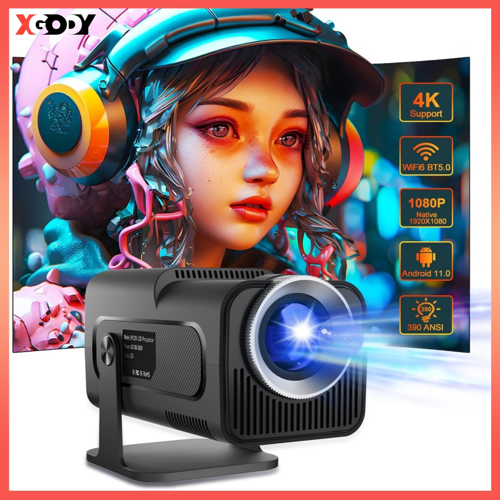 XGODY New HY320 Mini Portable Projector Native 1080P 4K HD Projector Auto Keystone 10000 Lumens Support WiFi 6 and BT5.0 Android 11 Smart Projector Home Theater Outdoor