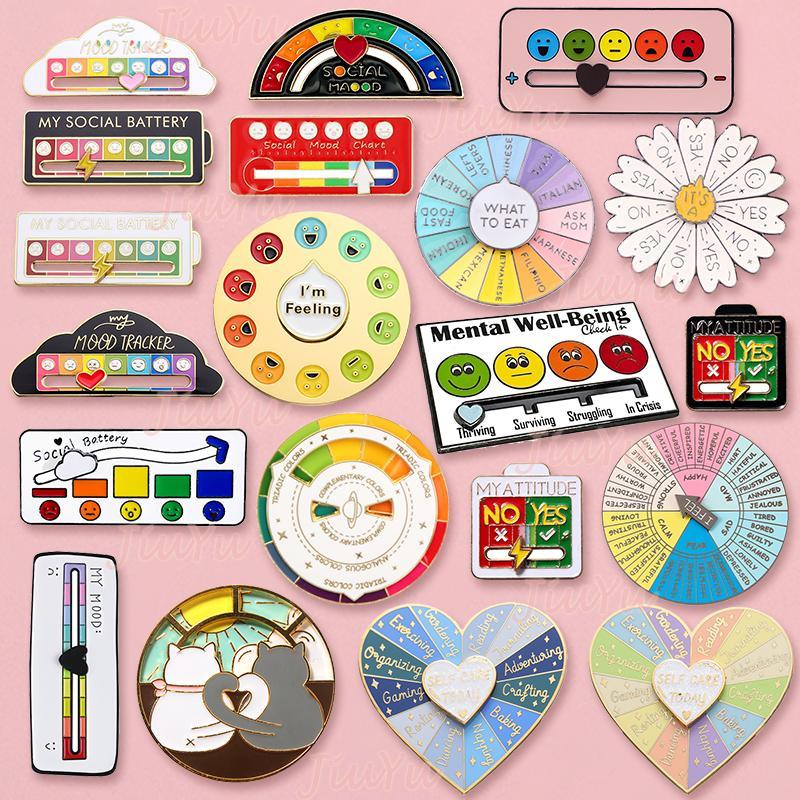 26 Styles Interactive Pin cute My Social Battery Pin Mental Well-being Emotion Brooch Mood Tracker Pins I'am Feeling Rotate Enamel Brooches Lapel Badges Jewelry Accessories Gifts