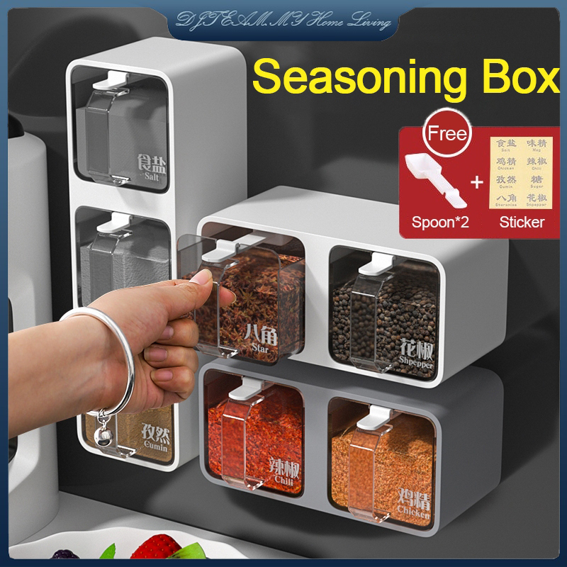 2/3 Grid 900ML Punch-Free Kitchen Seasoning Box Storage Box Wall-Mounted Salt and Pepper Seasoning Rack Sugar Bowl Kitchen Supplies 厨房壁挂式调料盒