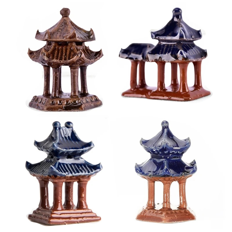 Ceramics Pavilion Chinese Traditional Building House Zen Bonsai Aquarium Fish Tank Miniature Lanscaping Mini Rockery Ornaments Decoration Accessories Fairy Garden Home Decor