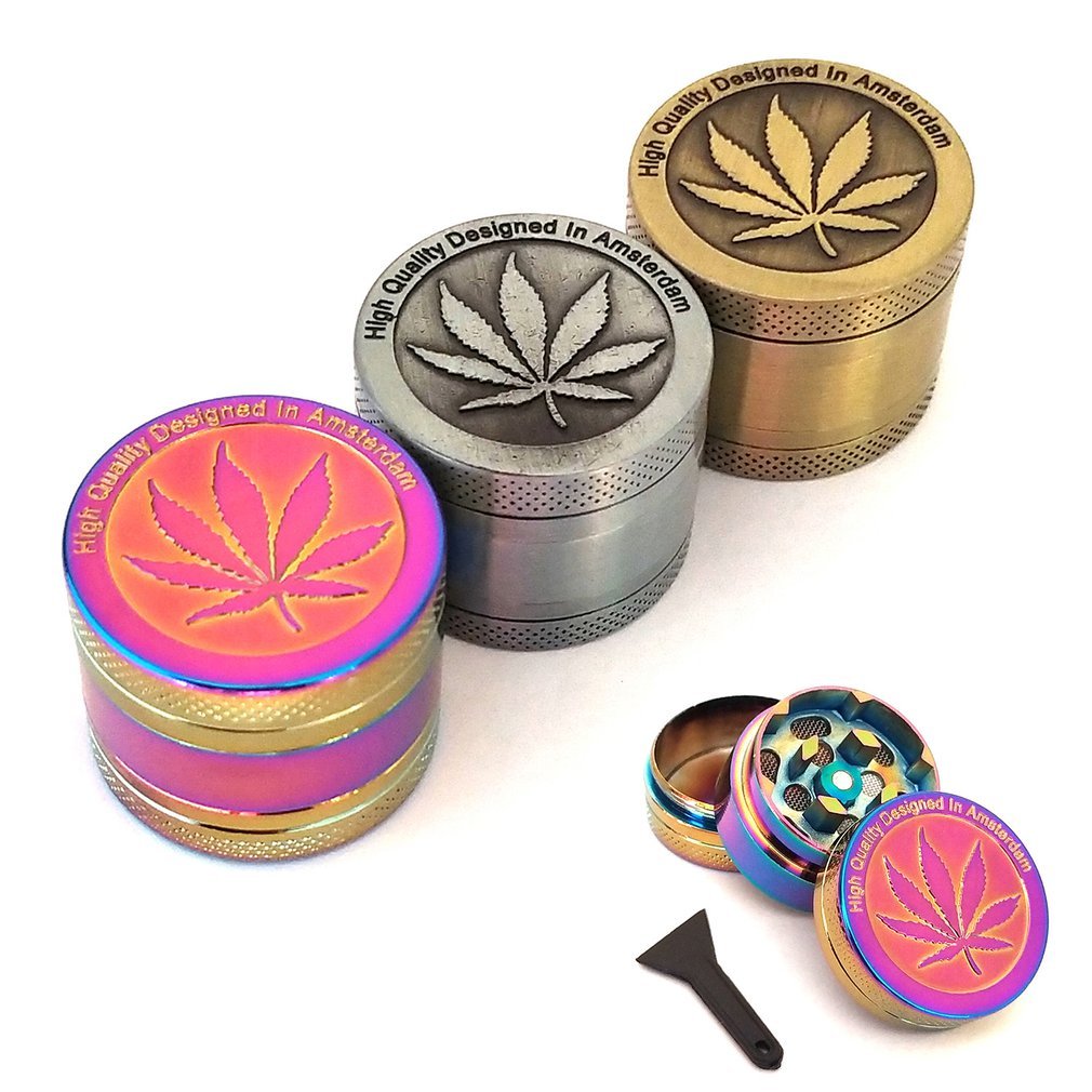 Fashion Leaf Metal Herbal Tobacco Grinder 3/4 Layer With Pollen Catcher Free Scraper-Silver/Bronze/Rainbow