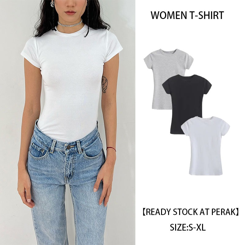 【READY STOCK AT PERAK】 Hotgirl⭐Round Neck Women's T-shirt Short Sleeve Casual Solid Color