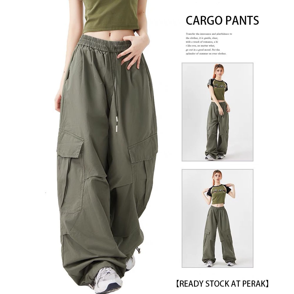 【READY STOCK AT Johor】 Hotgirl⭐Cargo Pants For Women Drawstring Plain Pocket casual street style