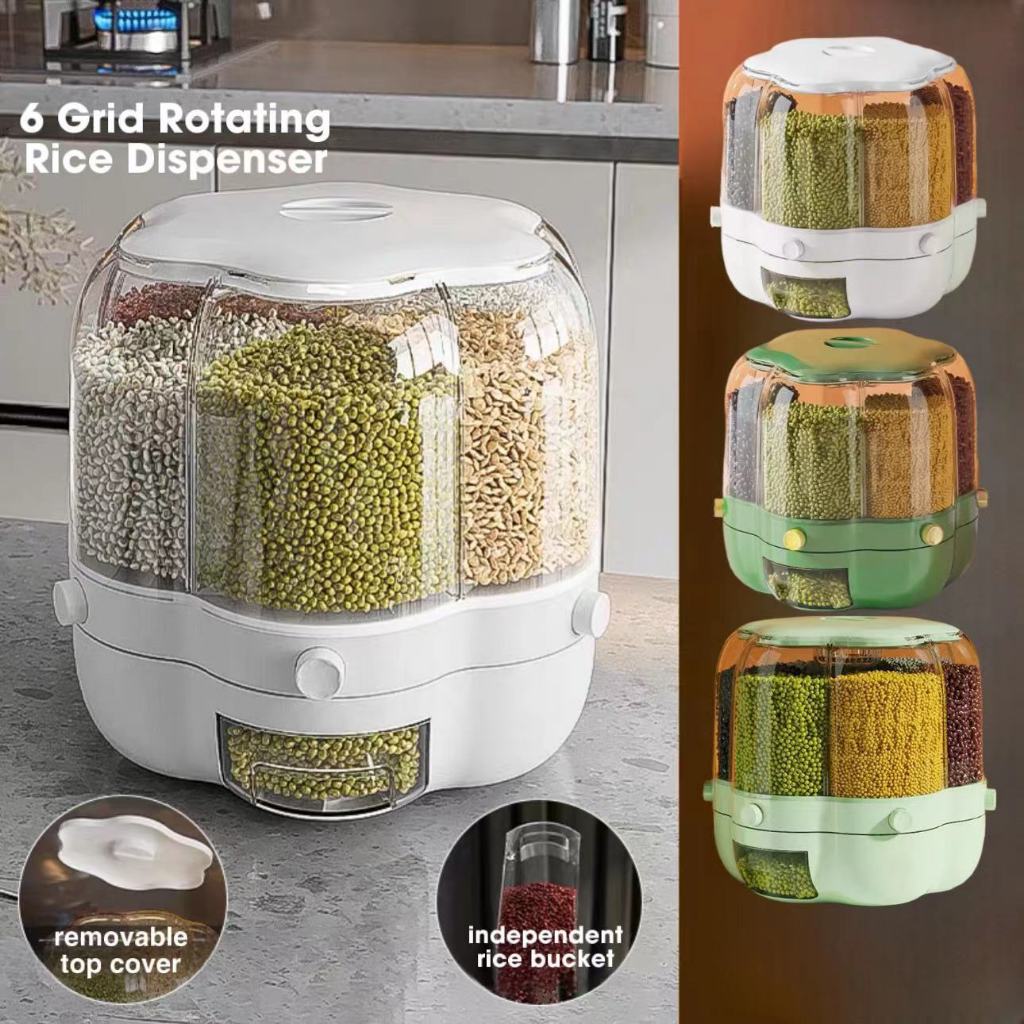 3 DAYS OFFER 6 Grid Rotating Rice Dispenser Rice Storage Bucket Rice And Grain Storage Container*LARGE CAPACITY