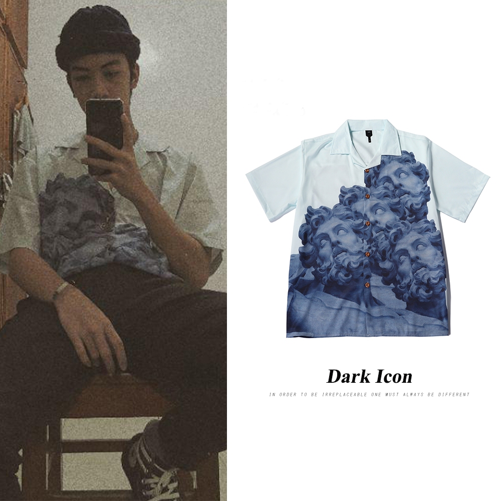 Dark Icon Printed Vintage kemeja lelaki 2024 Summer Turn-down Collar Men's Shirt baju Streetwear Clothing