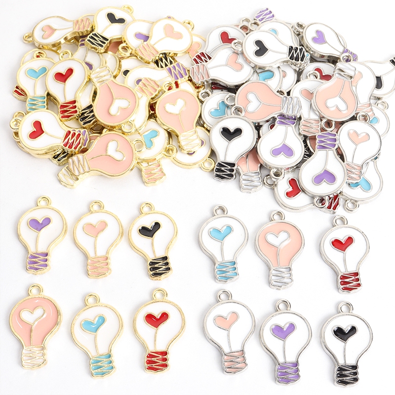 10pcs Cute Love Heart Bulb Design Enamel Charms for Making Necklace Bracelet Earrings Bookmark Creative Couple Jewelry Small Gift for Friends DIY Candy Color Pendants Accessories