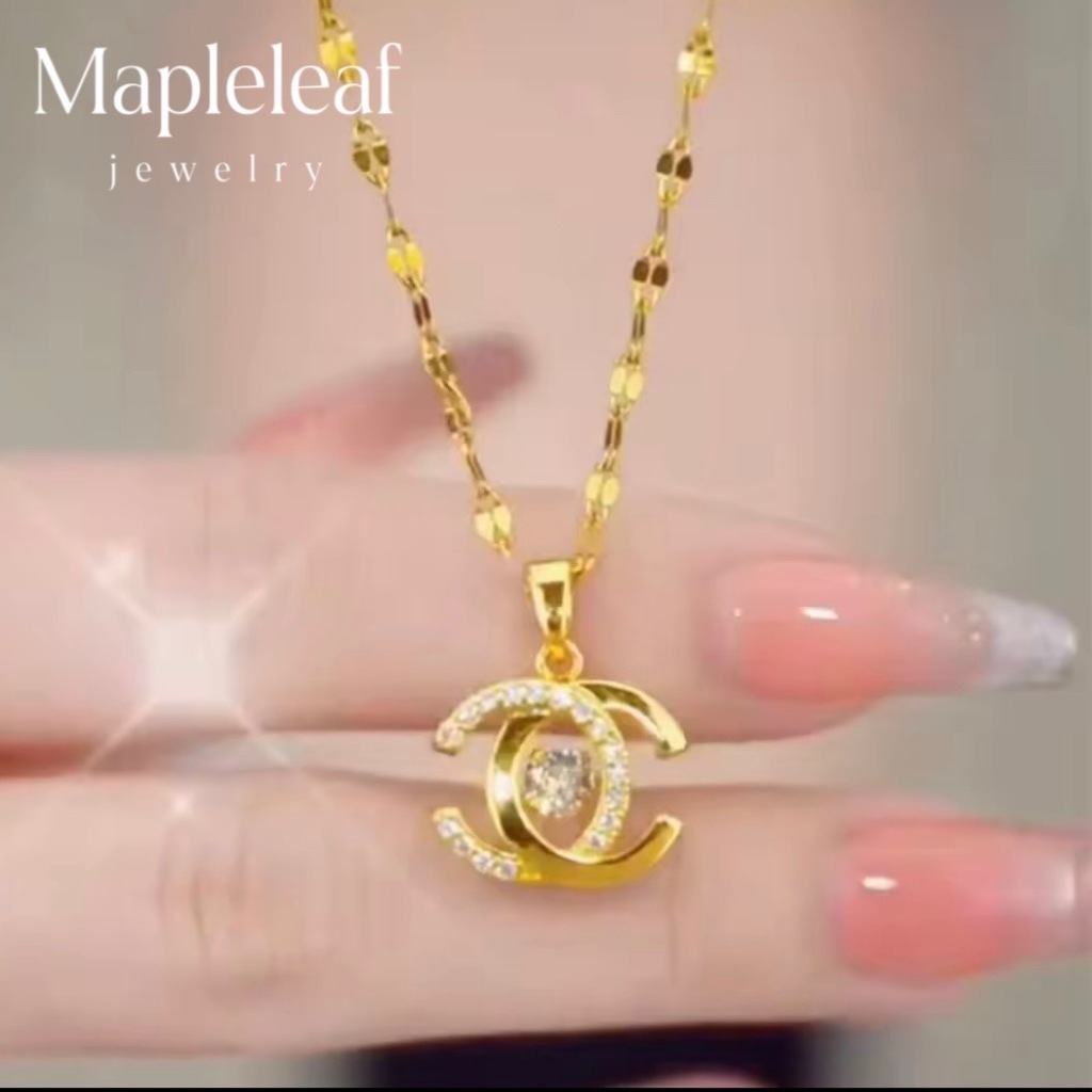 916 Gold Original Kalung wanita rantai leher emas Opal Small Fragrance Double C Smart Zircon Pendant Luxury Jewelry for Girlfriend's Birthday Gift