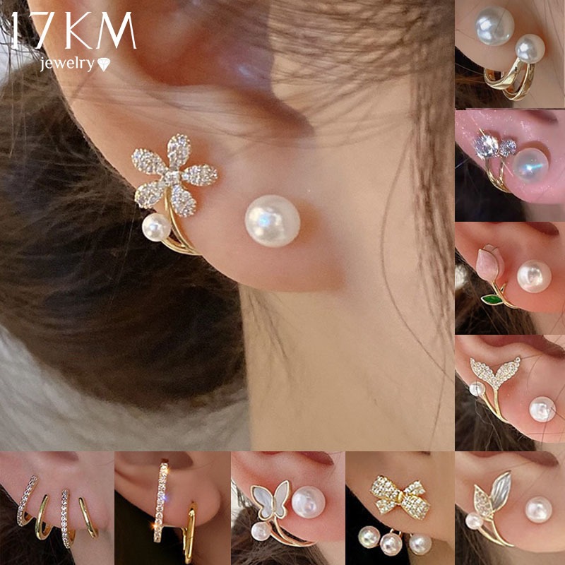 17KM Elegant Pearl Gold Hoop Earrings for Women Tulip Bow Zircon Crystal Stud Earings Accessories Jewelry