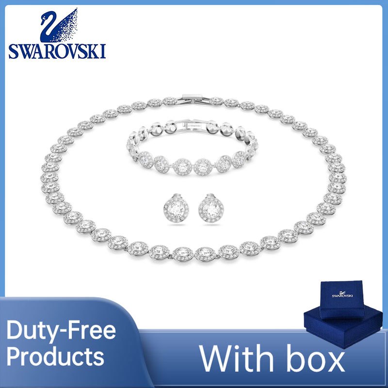 Swarovski Bracelet Accessories (With Box) High Quality Luxury Gift Swarovski Diamond Symbolic Angelic Earrings Necklace Jewelry Set Round Cut