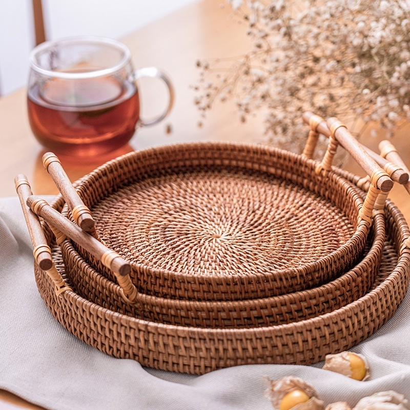 [BaosityMY] Hand Woven Basket Handcrafted Storage Tray for Breakfast Fruit Tea Flower Drinks Snack Display Coffee Table Home Decoration