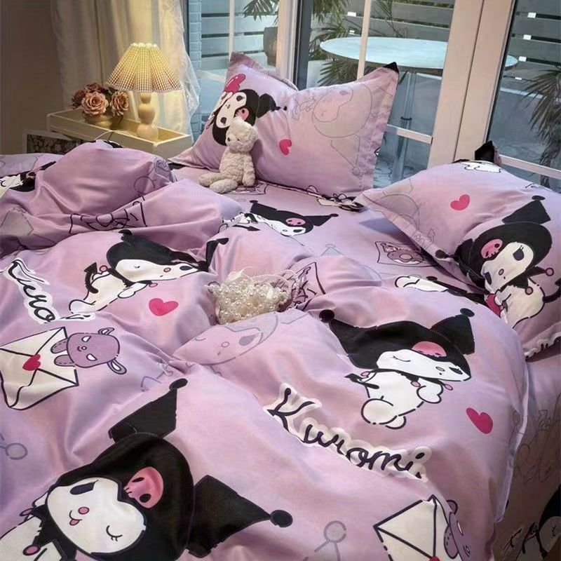 (Special offer)4 IN 1 100% Cotton Cartoon Kuromi Print Bedding Set For Kids Purple Flat Sheet/Fitted Sheet Duvet Cover Pillowcase Single Queen King Size Sweet Bed Sheet Set