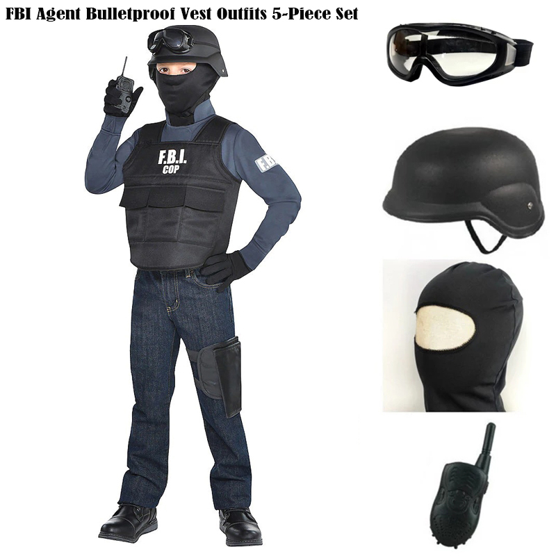 NEW Halloween Kids Costume Cosplay FBI Agent Bulletproof Vest Outfits 5-Piece Set Costume Police Cosplay