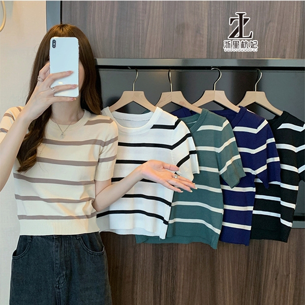 ZHELIHANGFEI Women's Short Sleeve T-shirt Female Korean Knitwear Knitted Round Neck Summer Stripe Tshirt Women Clothes