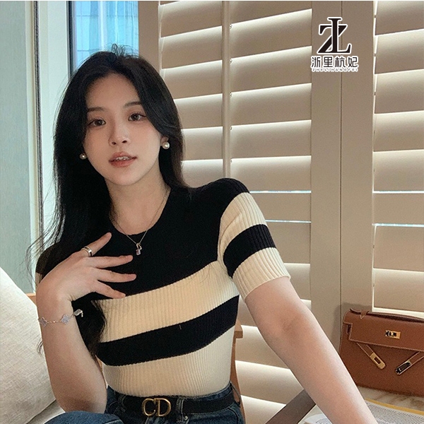ZHELIHANGFEI Striped knitwear short-sleeved waisted temperament peplum tops