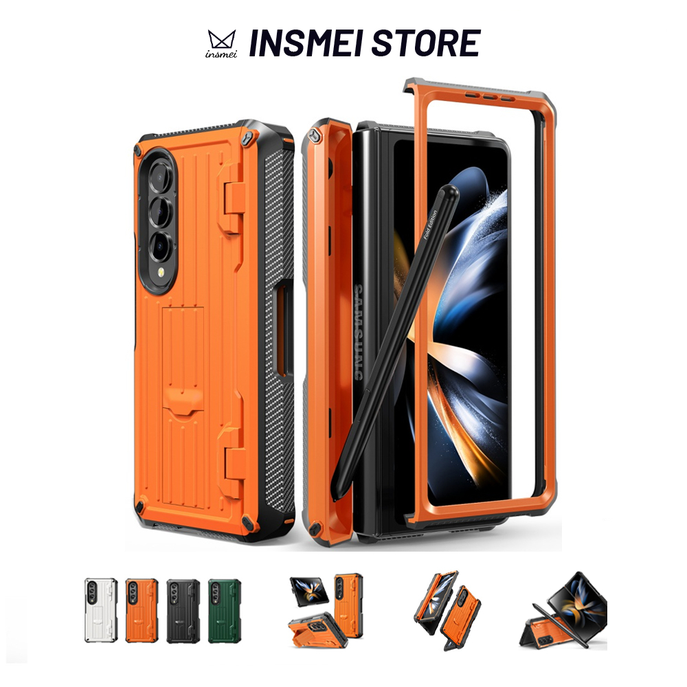 Shockproof Hinge Protection For Samsung Galaxy Z Fold 5 4 3 Fold5 Fold4 Fold3 Case with Kickstand Pen Holder Hard Shell Armor Cover Suitcase Style Full-Wrap Drop-Proof Case, Orange