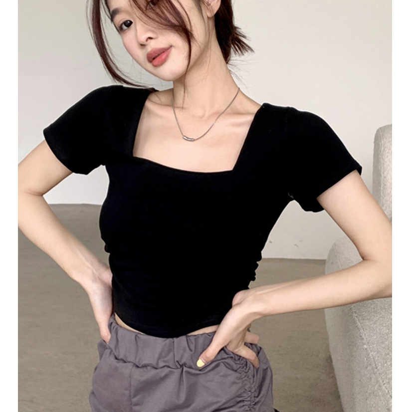 【READY STOCK AT Johor】 Hotgirl⭐Crop Tops White slimming solid color short square neck top